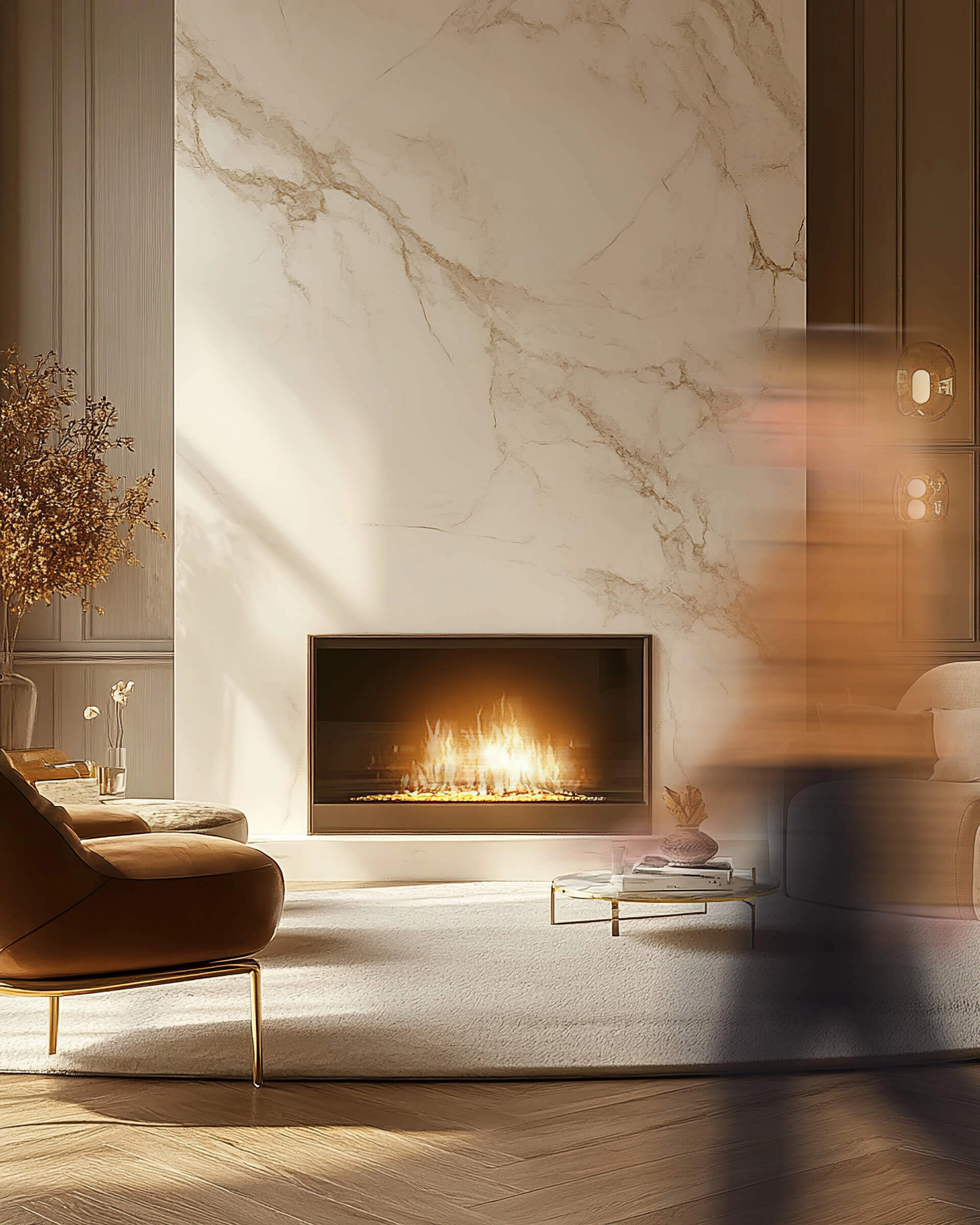 Salon luxueux avec foyer et personne en premier plan avec un effet photographique de mouvement
