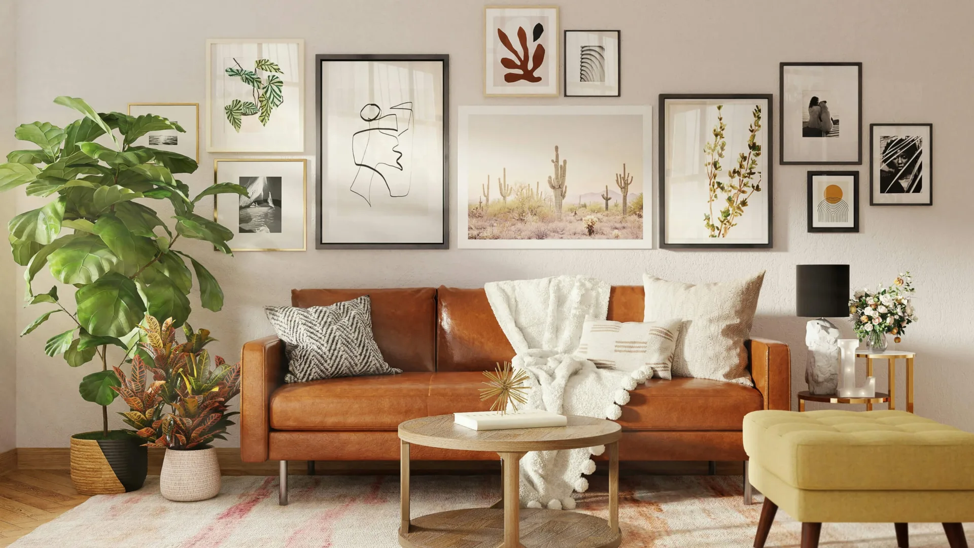 Salon moderne avec canapé en cuir et décorations murales.
