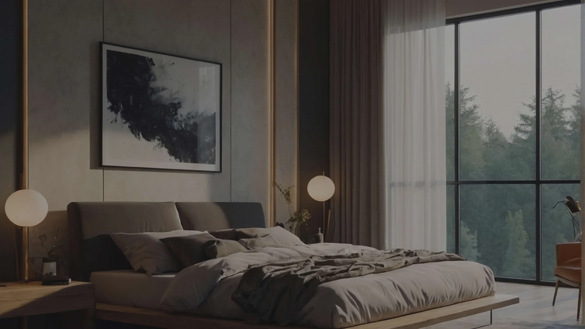 Chambre moderne lumineuse avec grandes fenêtres et tableau.
