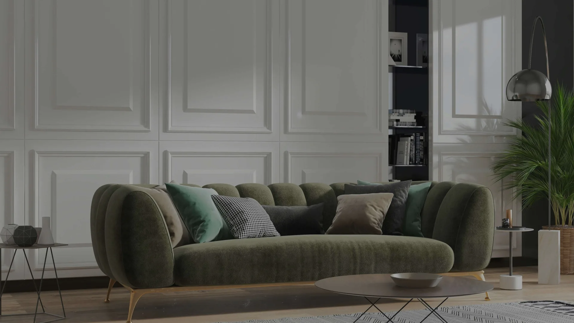 Salon moderne avec canapé vert et coussins.