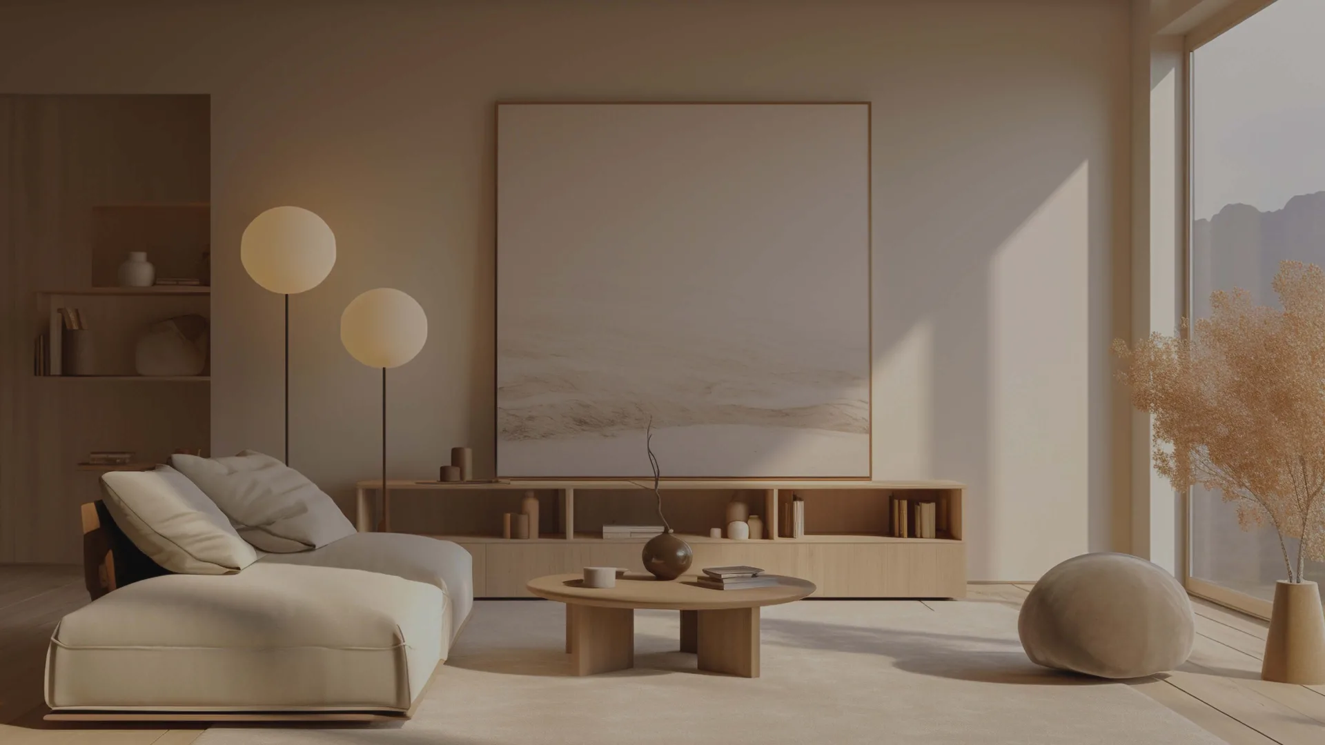 Salon moderne avec canapé beige et art minimaliste.